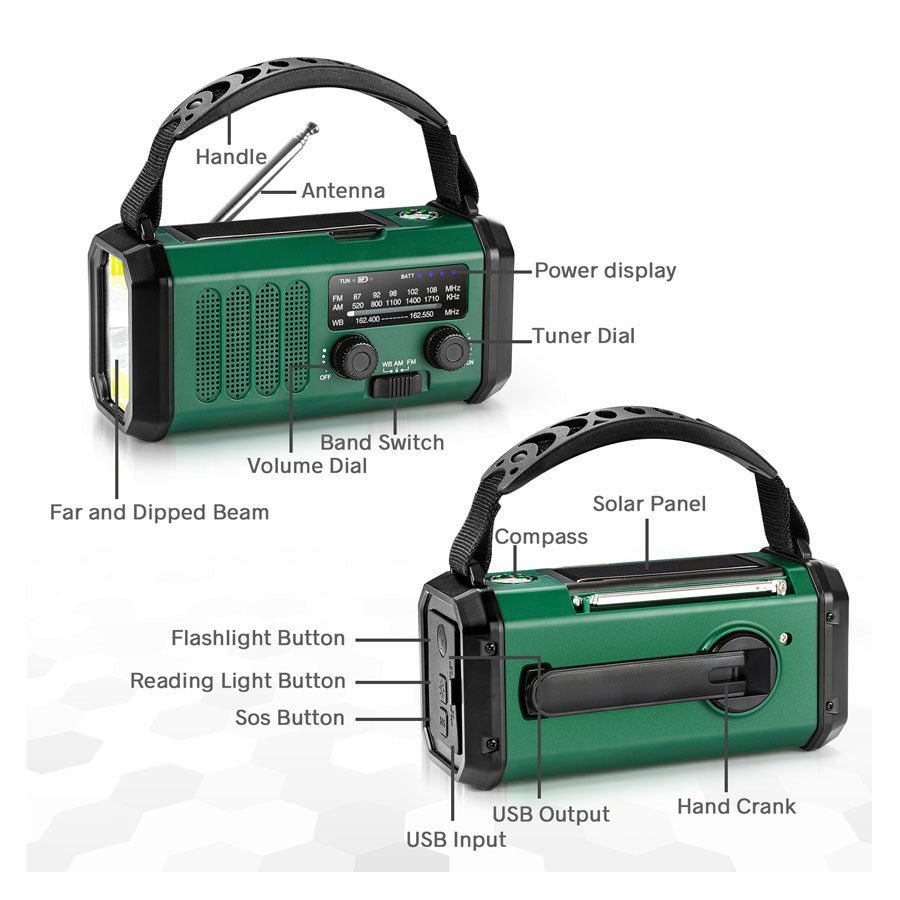 LPFMR03 Lippa FM Nødradio, Håndsving, Solcellepanel, Kompas, 10.000 Mah Powerbank, Grøn 2.Pic